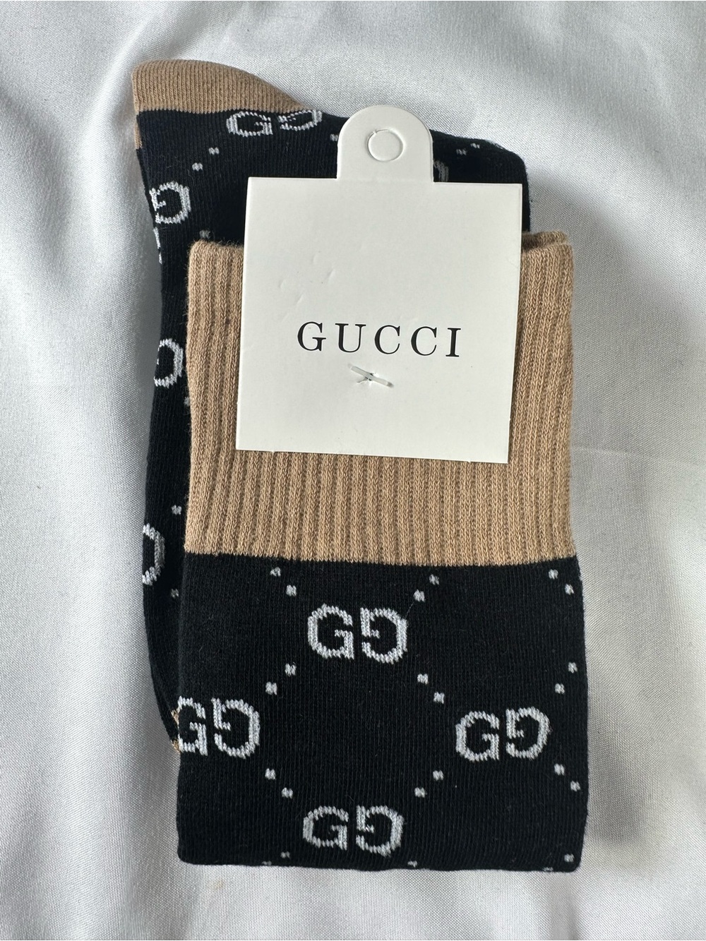 Fashion Luxury Black & Tan GG Pattern Crew Socks “17 cuff to toe (Unisex)